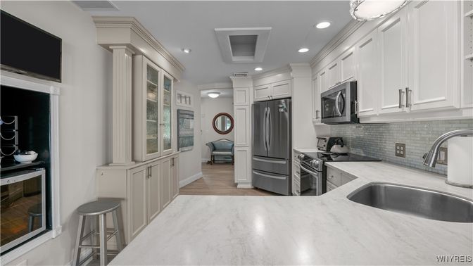 Interior, Kitchen, Recessed Lighting, Stainless Steel Appliances, Wood Texture Flooring