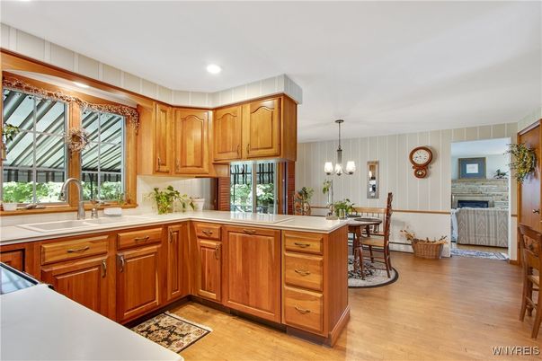 Dining room, Fireplace, Interior, Kitchen, Pendant Lights, Recessed Lighting, Wood Texture Flooring