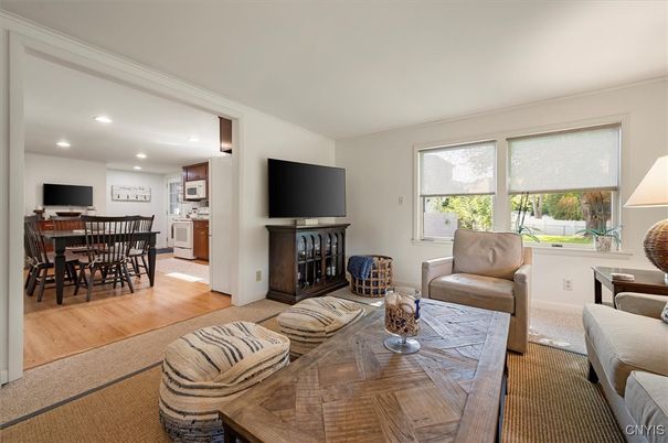 Dining room, Interior, Living room, Recessed Lighting, Wood Texture Flooring