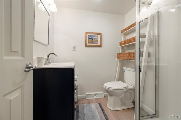 Bathroom, Glass Shower, Interior, Wood Texture Flooring