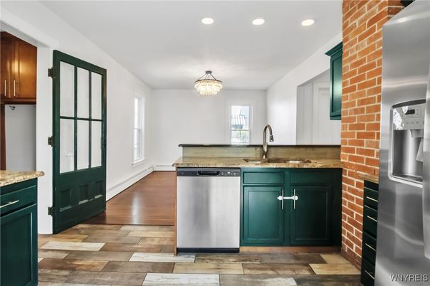 Chandelier, Interior, Kitchen, Recessed Lighting, Stainless Steel Appliances, Wood Texture Flooring