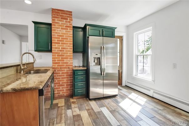 Interior, Kitchen, Recessed Lighting, Stainless Steel Appliances, Stone Walls, Wood Texture Flooring