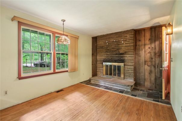 Fireplace, Interior, Pendant Lights, Wood Texture Flooring, Wooden Walls