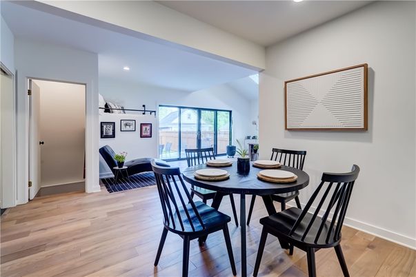 Dining room, Interior, Recessed Lighting, Wood Texture Flooring