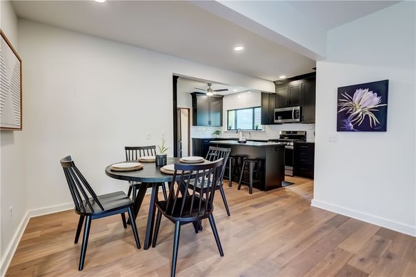 Dining room, Interior, Kitchen, Recessed Lighting, Wood Texture Flooring