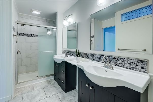 Bathroom, Dual Sink Vanities, Glass Shower, Interior, Marble, Marble Walls