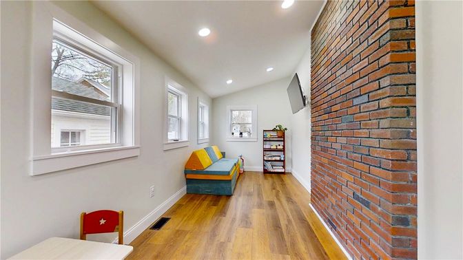 Interior, Recessed Lighting, Stone Walls, Wood Texture Flooring