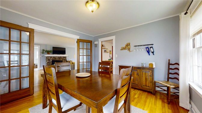 Dining room, Fireplace, Interior, Wood Texture Flooring