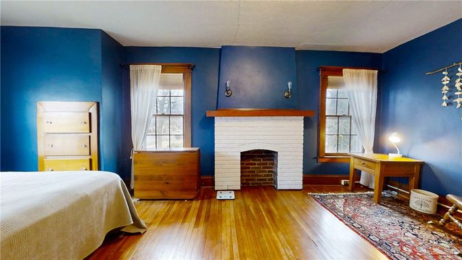 Bedroom, Fireplace, Interior, Wood Texture Flooring