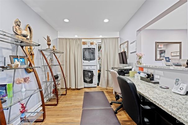 Home Office, Interior, Recessed Lighting, Utility Closets, Washer, Wood Texture Flooring