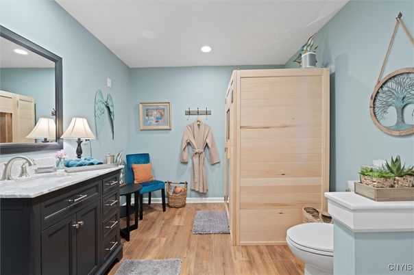 Bathroom, Interior, Recessed Lighting, Wood Texture Flooring