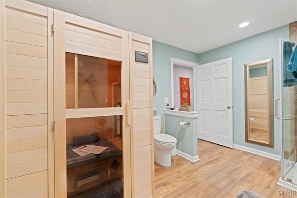 Bathroom, Glass Shower, Interior, Recessed Lighting, Sauna Room