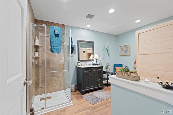 Bathroom, Glass Shower, Interior, Recessed Lighting, Wood Texture Flooring