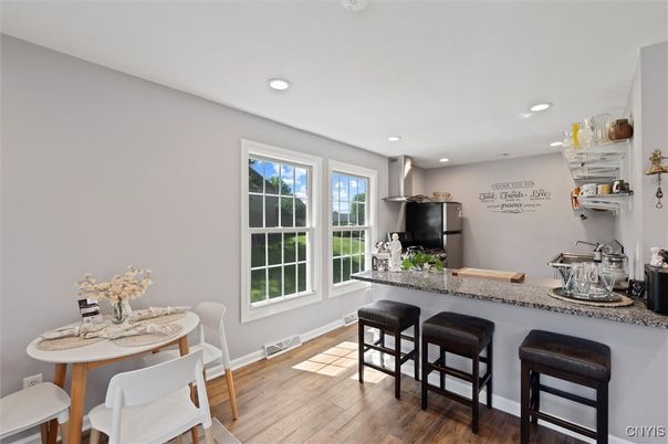 Dining room, Interior, Recessed Lighting, Wood Texture Flooring
