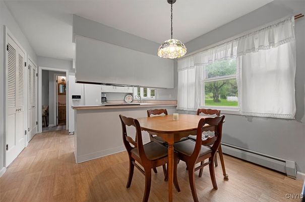 Dining room, Interior, Pendant Lights, Wood Texture Flooring