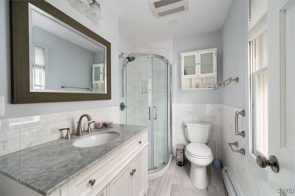 Bathroom, Glass Shower, Interior, Marble Walls, Recessed Lighting