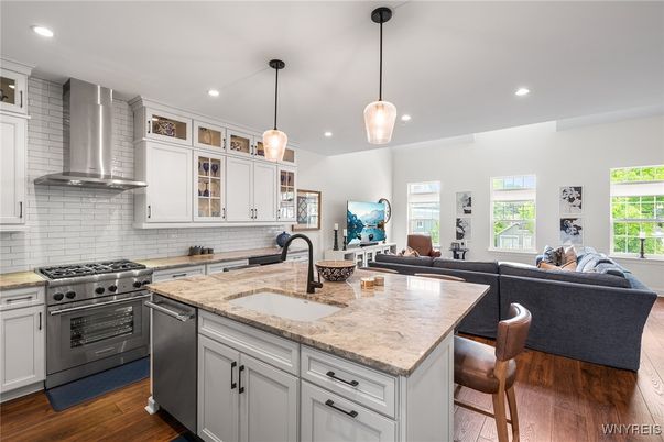 Interior, Kitchen, Living room, Pendant Lights, Recessed Lighting, Stainless Steel Appliances, Wood Texture Flooring