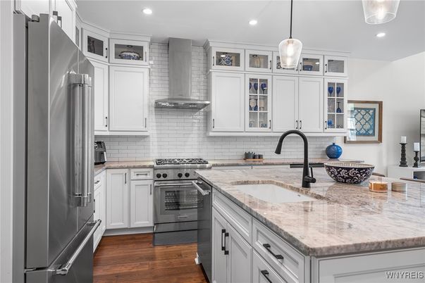 Interior, Kitchen, Pendant Lights, Recessed Lighting, Stainless Steel Appliances, Wood Texture Flooring