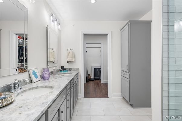 Bathroom, Dual Sink Vanities, Interior, Recessed Lighting, Wood Texture Flooring