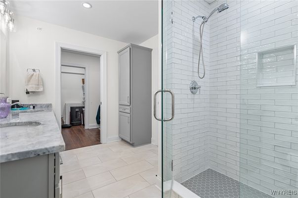 Bathroom, Glass Shower, Interior, Recessed Lighting, Wood Texture Flooring