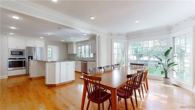 Dining room, Interior, Kitchen, Recessed Lighting, Stainless Steel Appliances, Wood Texture Flooring