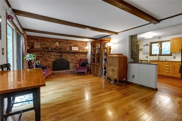 Fireplace, Interior, Kitchen, Stone Walls, Wooden Beams, Wood Texture Flooring