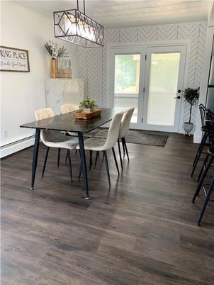 Dining room, Interior, Pendant Lights, Wood Texture Flooring