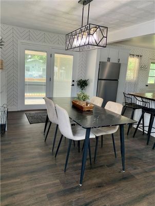 Dining room, Interior, Pendant Lights, Wood Texture Flooring