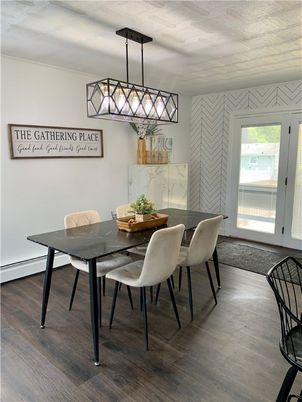 Dining room, Interior, Pendant Lights, Wood Texture Flooring