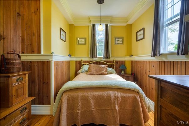 Bedroom, Interior, Pendant Lights, Wood Texture Flooring, Wooden Walls
