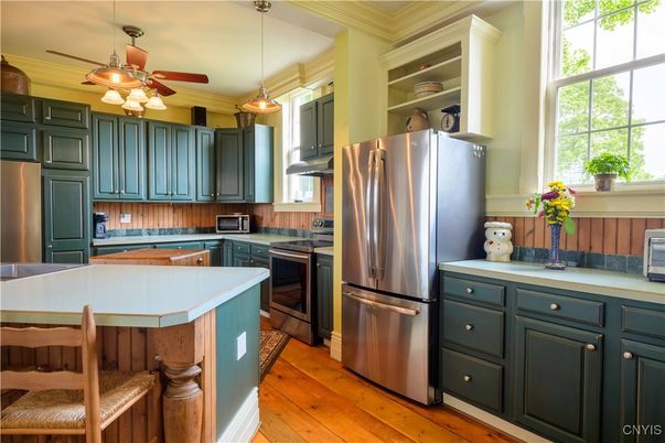 Interior, Kitchen, Pendant Lights, Stainless Steel Appliances, Wood Texture Flooring