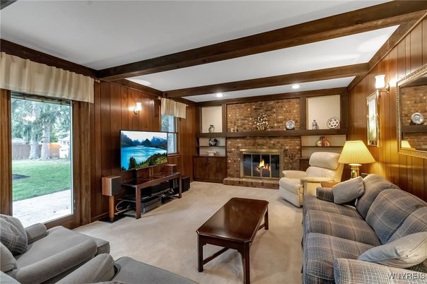 Fireplace, Interior, Living room, Recessed Lighting, Stone Walls, Wooden Beams, Wooden Walls