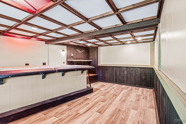 Billiard Table, Game Room, Interior, Recessed Lighting, Wooden Beams, Wood Texture Flooring, Wooden Walls