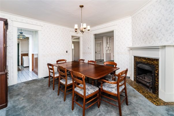 Chandelier, Dining room, Fireplace, Interior
