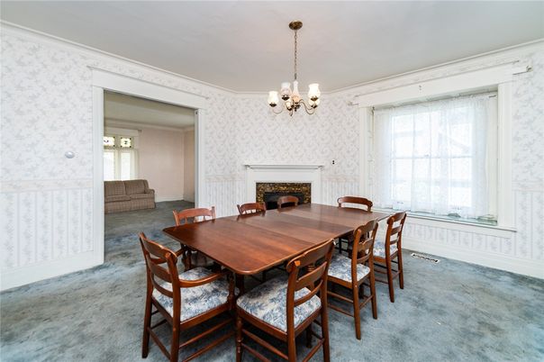 Chandelier, Dining room, Fireplace, Interior