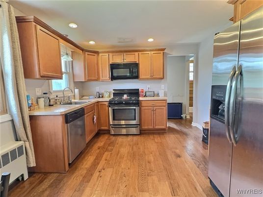 Interior, Kitchen, Recessed Lighting, Stainless Steel Appliances, Wood Texture Flooring