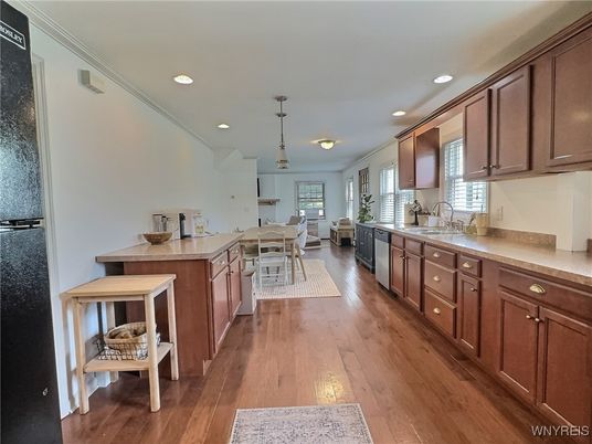 Dining room, Interior, Kitchen, Pendant Lights, Recessed Lighting, Wood Texture Flooring