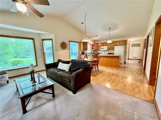 Dining room, Interior, Kitchen, Living room, Pendant Lights, Wood Texture Flooring