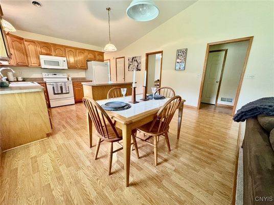 Dining room, Interior, Kitchen, Pendant Lights, Wood Texture Flooring