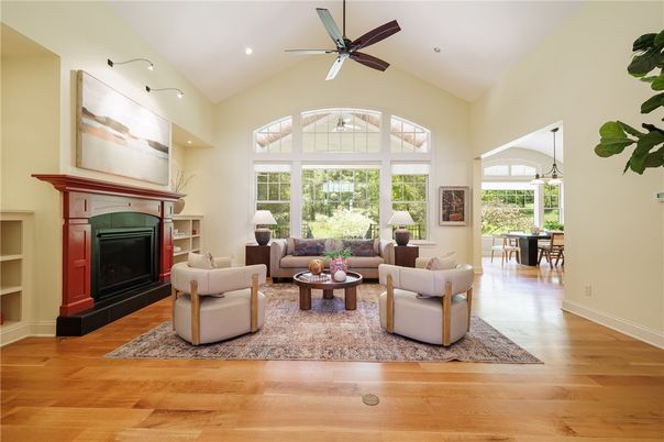 Dining room, Fireplace, Interior, Living room, Recessed Lighting, Wood Texture Flooring