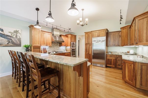 Chandelier, Interior, Kitchen, Pendant Lights, Stainless Steel Appliances, Wood Texture Flooring
