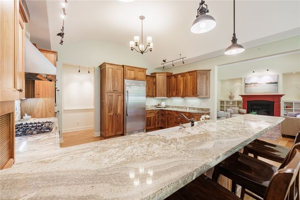 Chandelier, Fireplace, Interior, Kitchen, Pendant Lights, Wood Texture Flooring