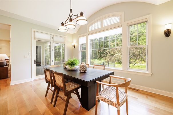 Dining room, Interior, Pendant Lights, Wood Texture Flooring