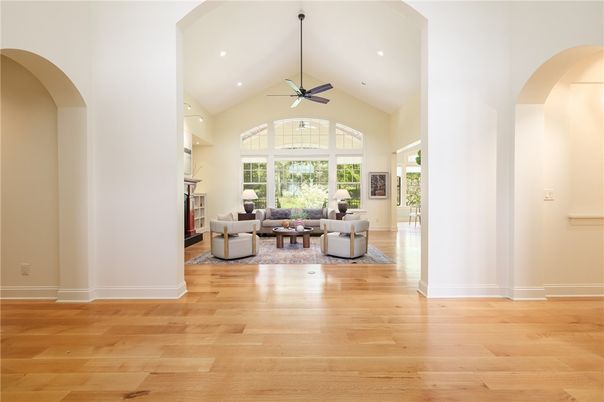 Fireplace, Interior, Living room, Recessed Lighting, Wood Texture Flooring