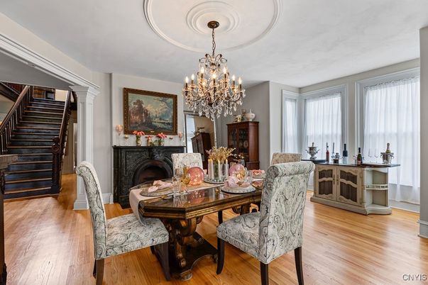 Chandelier, Dining room, Interior, Wood Texture Flooring