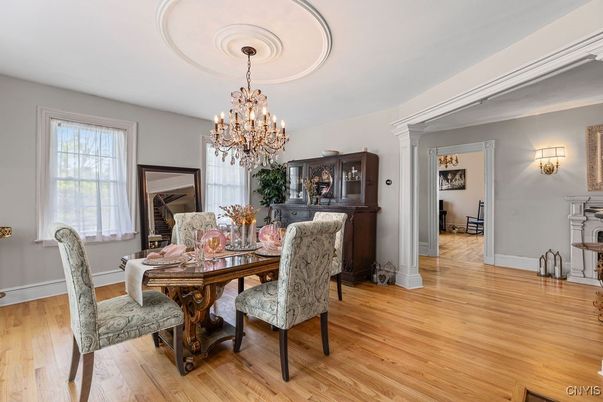 Chandelier, Dining room, Interior, Wood Texture Flooring