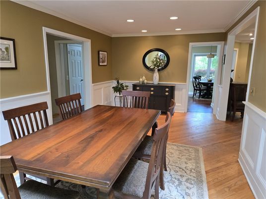 Dining room, Interior, Recessed Lighting, Wood Texture Flooring