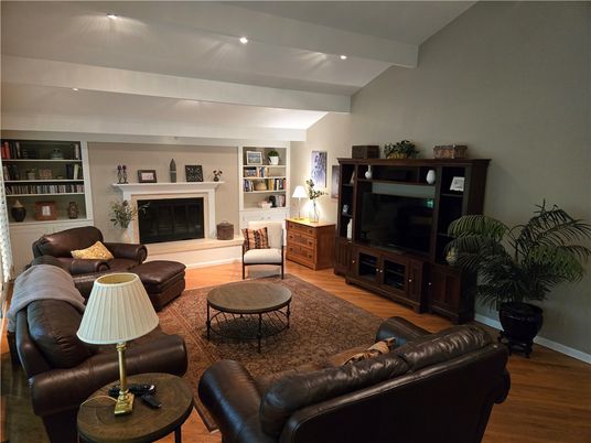 Fireplace, Interior, Living room, Recessed Lighting, Wood Texture Flooring