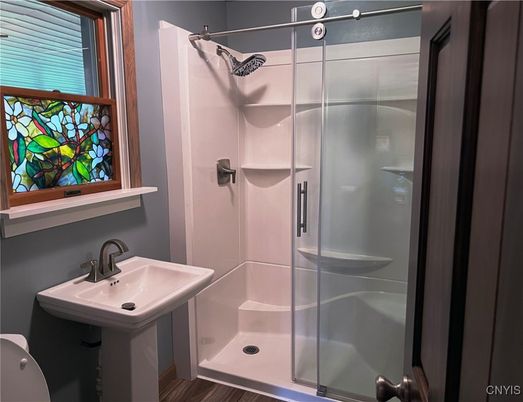 Bathroom, Glass Shower, Interior, Wood Texture Flooring