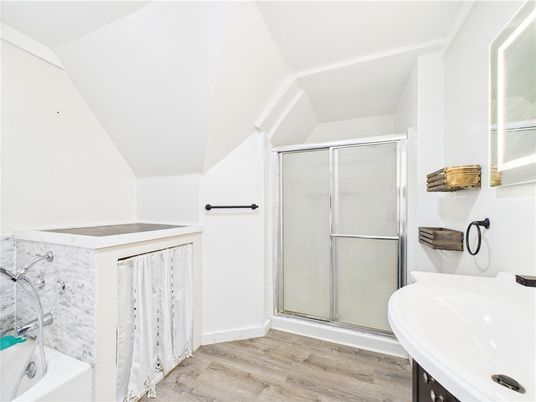 Bathroom, Glass Shower, Interior, Wood Texture Flooring